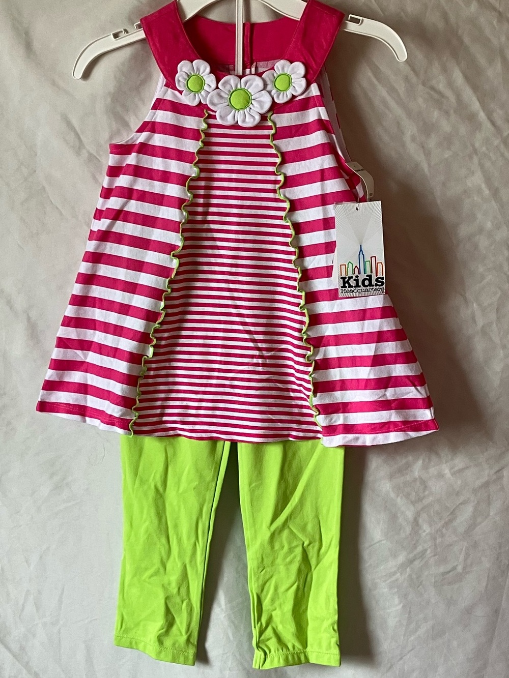 Kids Headquarters Pink Stripe Daisy Tunic Top & Lime Green Leggings Set Size 6